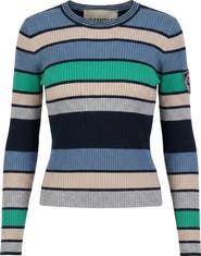 Hashtag Multi Stripe Embroidered Sleeve Lightweight Knit Sweater