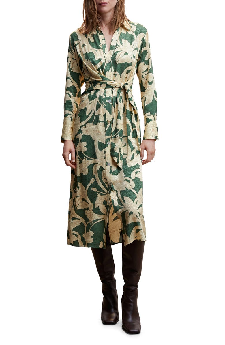 MANGO Floral Jacquard Long Sleeve Shirtdress, Main, color, 