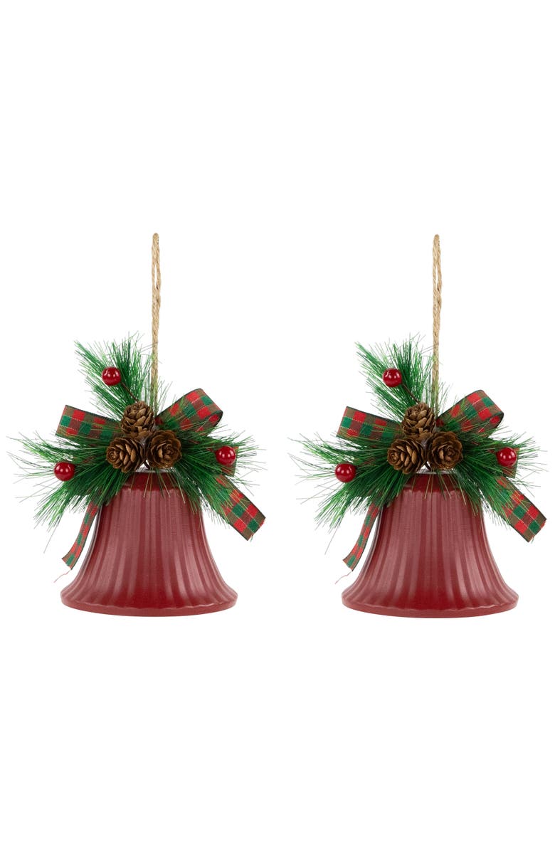 Northlight Bells with Pine Sprigs and Bow Christmas Ornaments- 7" - Red - Set of 2, Alternate, color, Red