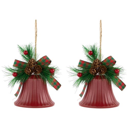 Northlight Bells With Pine Sprigs And Bow Christmas Ornaments- 7" In Red