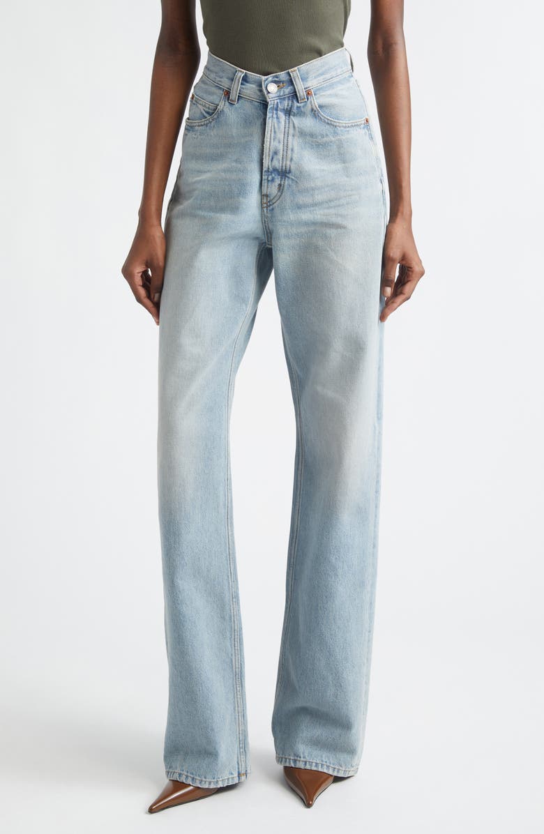 Saint Laurent Long V-Waist Denim Wide Leg Jeans, Main, color, 