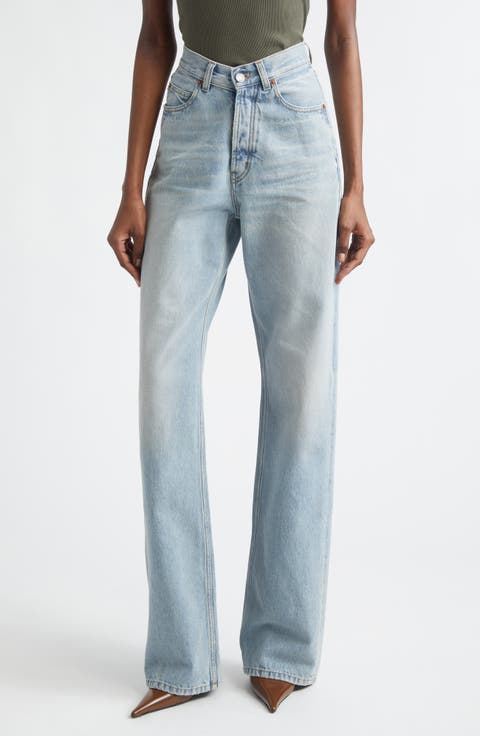 Long V-Waist Denim Wide Leg Jeans
