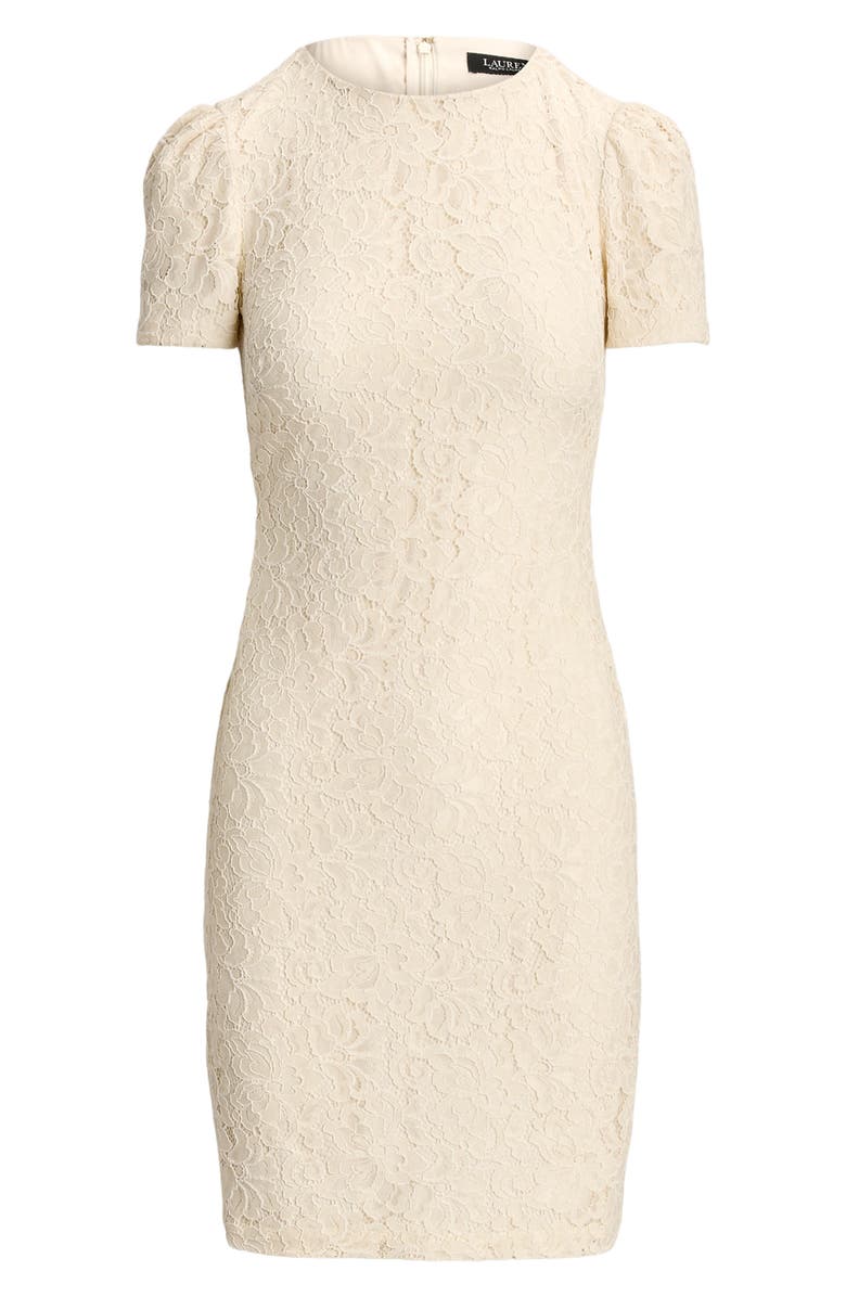 Ralph Lauren Floral Corded Lace Short Sleeve Cocktail Dress, Alternate, color, Mascarpone Cream