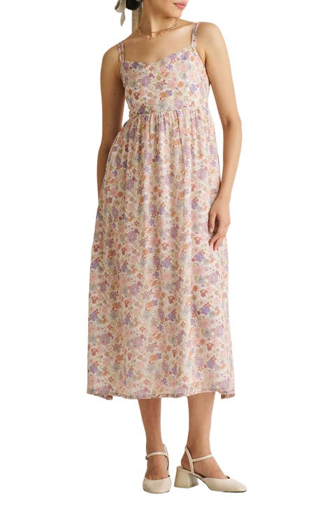 Strappy Gathered Midi Dress Remixed Florals