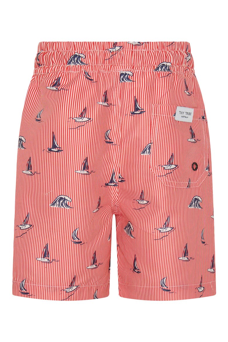 Kids' Yacht Stripe UPF 50+ Swim Trunks, Alternate, color, RED