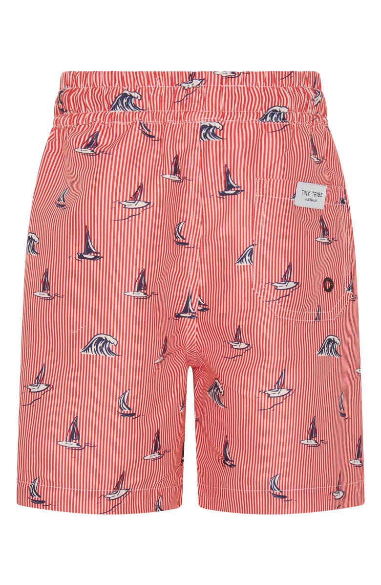 TINY TRIBE Kids' Yacht Stripe UPF 50+ Swim Trunks, Alternate, color, Red