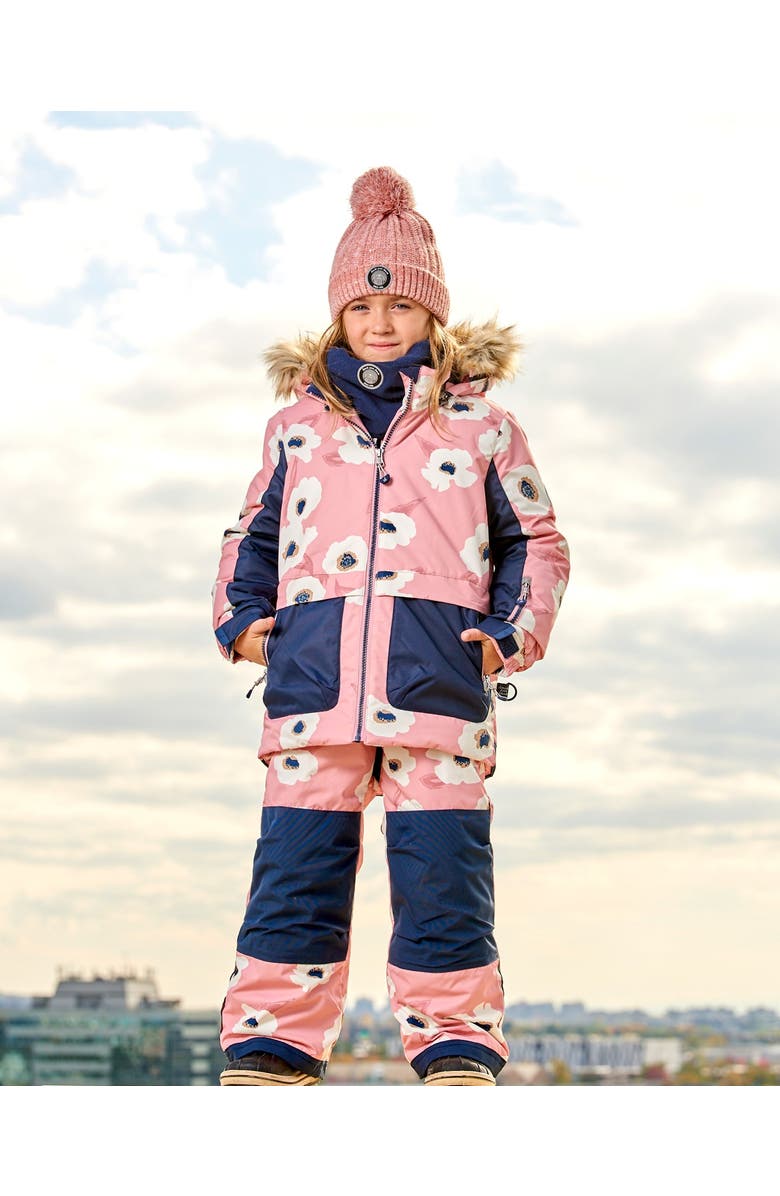 Deux par Deux Girl's Two Piece Snowsuit Allover Print Pink Printed Off White Flowers, Alternate, color, 