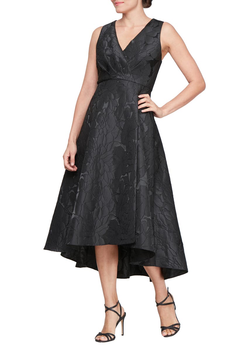 SL FASHIONS Floral Sleeveless High-Low Gown, Main, color, Black