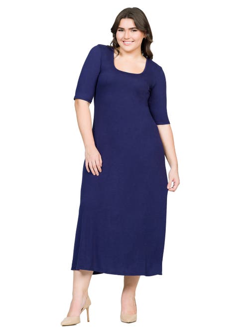 24seven Comfort Apparel Elbow Length Sleeve Maxi Dress In Blue
