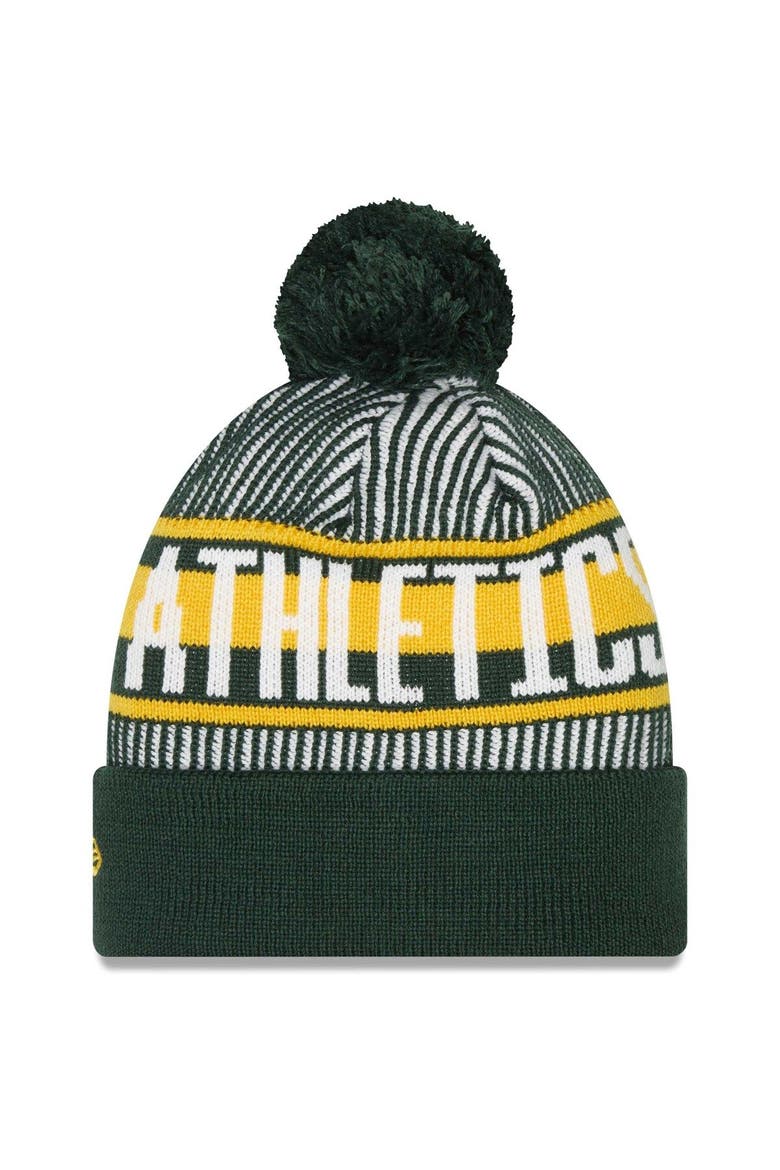 Men's New Era Green Oakland Athletics Striped Cuffed Knit Hat with Pom, Alternate, color, Green