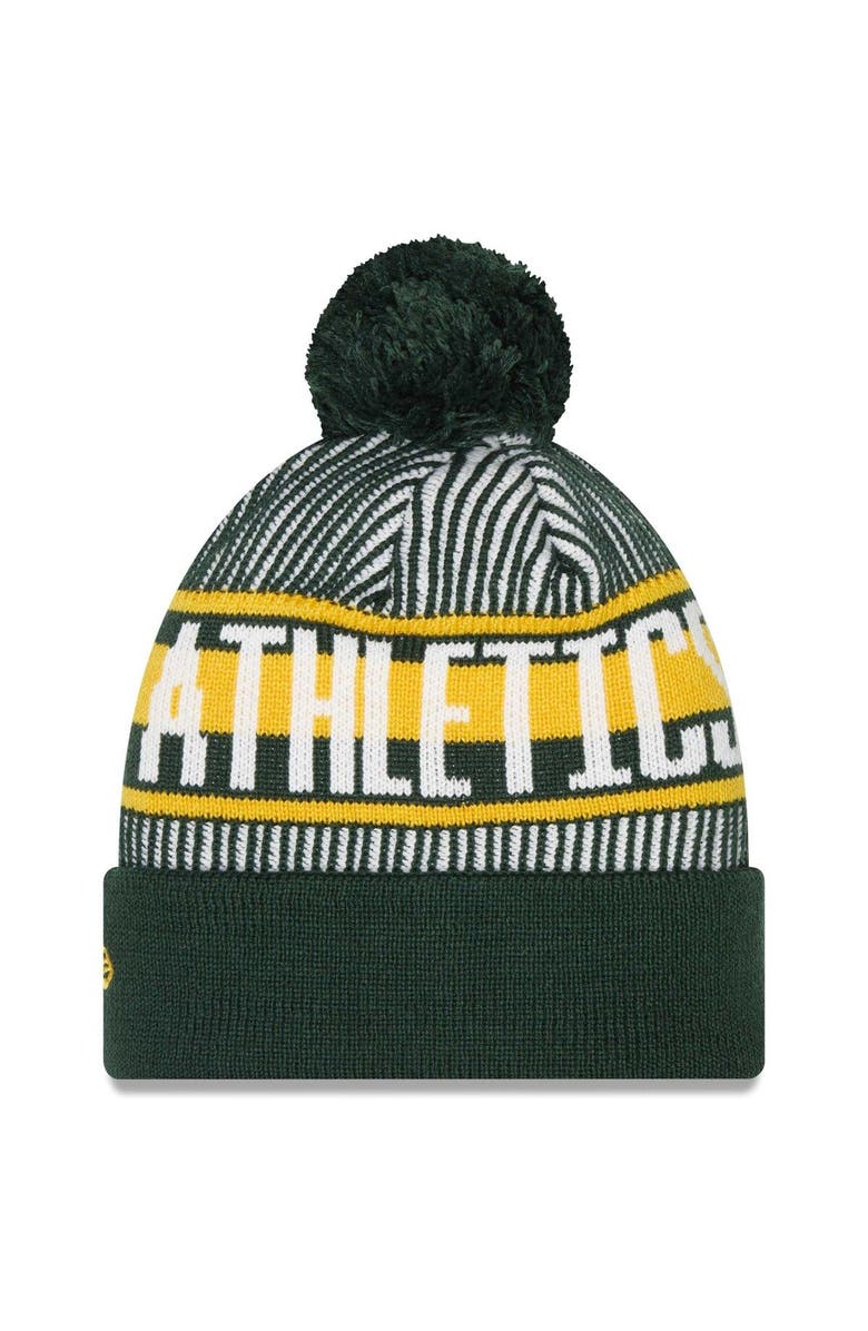 New Era Men's New Era Green Oakland Athletics Striped Cuffed Knit Hat with Pom, Alternate, color, Green