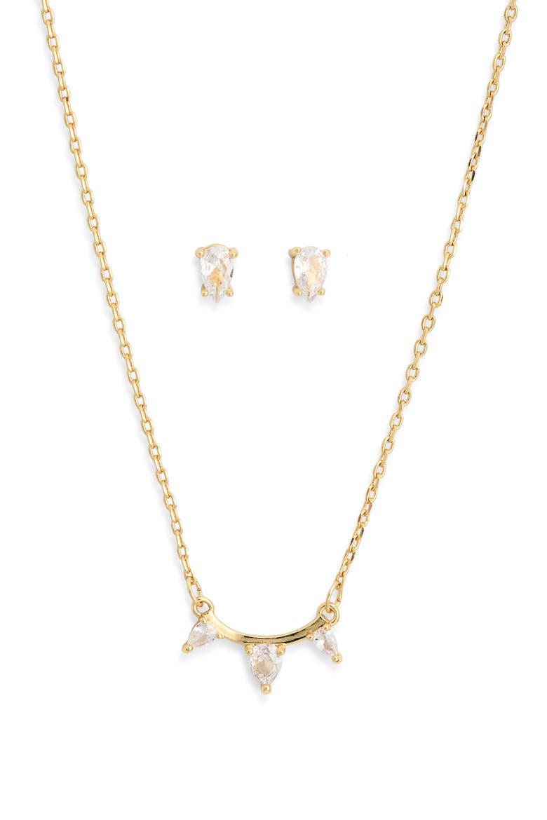 Cubic Zirconia Stud Earrings & Bar Pendant Necklace Set, Alternate, color, CLEAR- GOLD