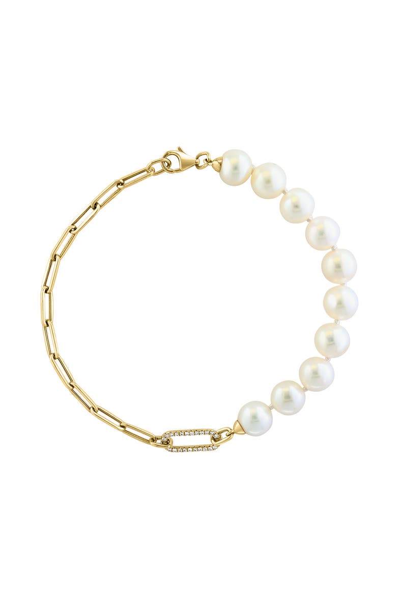 14K Yellow Gold Diamond Fresh Water Pearl Paperclip Chain Bracelet, Main, color, 14K Gold