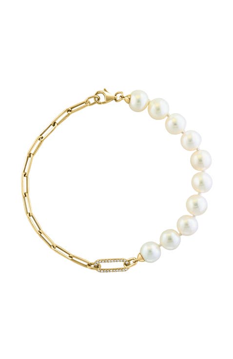 14K Yellow Gold Diamond Fresh Water Pearl Paperclip Chain Bracelet