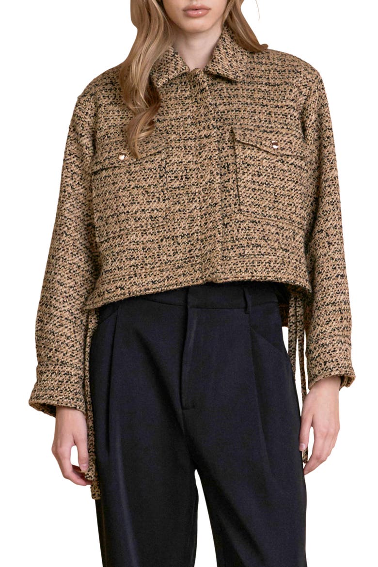 Side Tie Crop Tweed Jacket, Main, color, BROWN/ BLACK