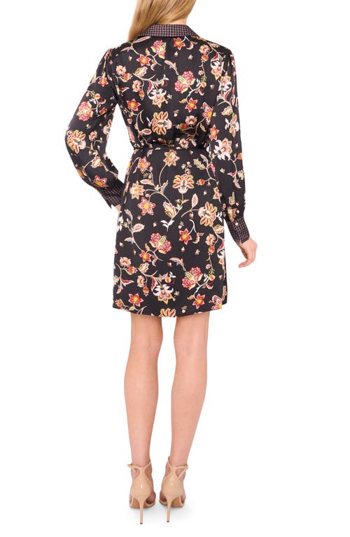 Cece Mixed Print Tie Waist Long Sleeve Shirtdress In Brown