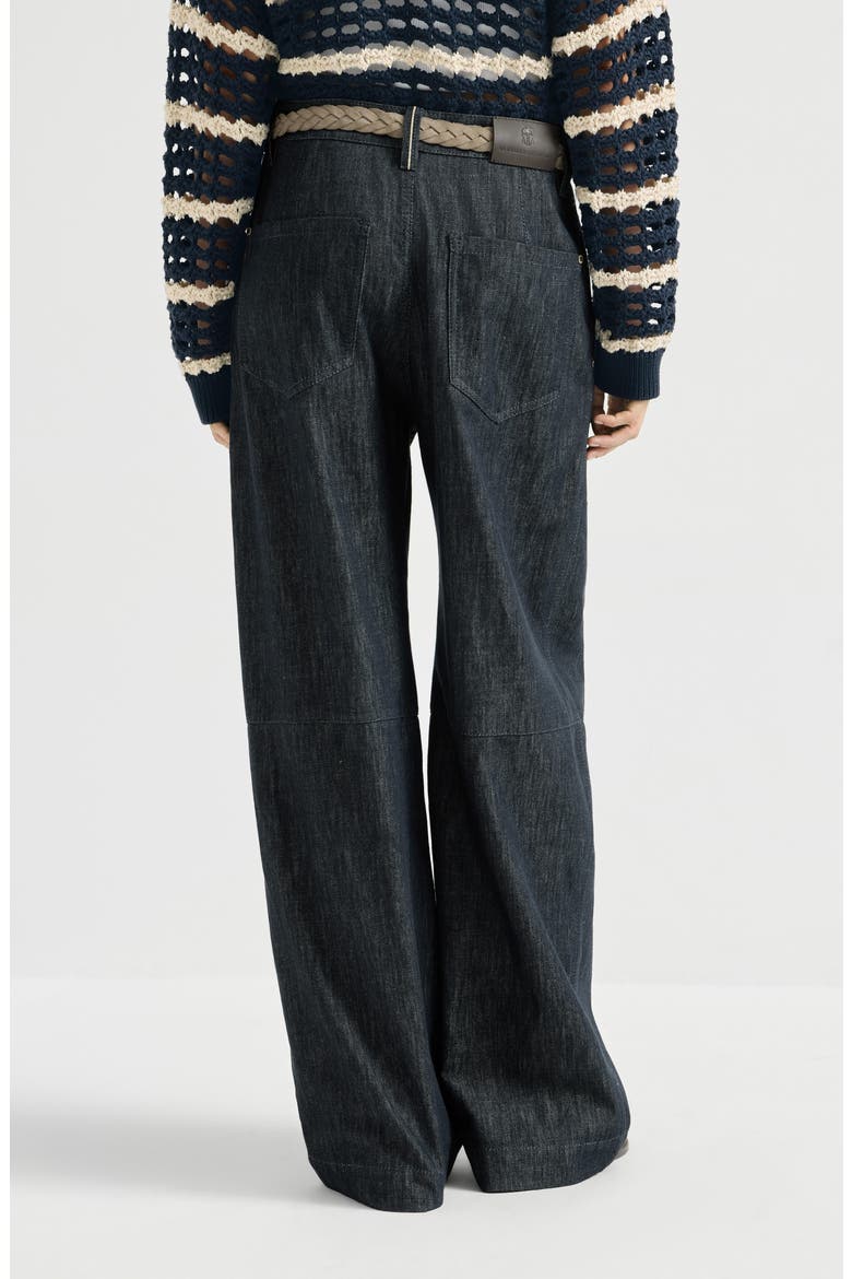 Cotton Denim-effect Twill Pleated Barrel Trousers With Monili, Alternate, color, Denim