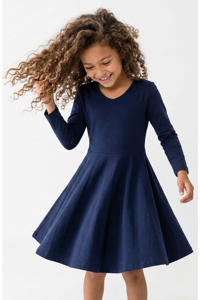 Organic Cotton 3/4 Sleeve Solid Twirl Dress, Alternate, color, Navy