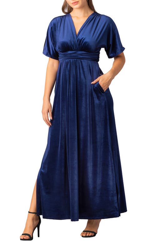 Kiyonna Verona V-neck Velvet Evening Gown With Pockets In Blue
