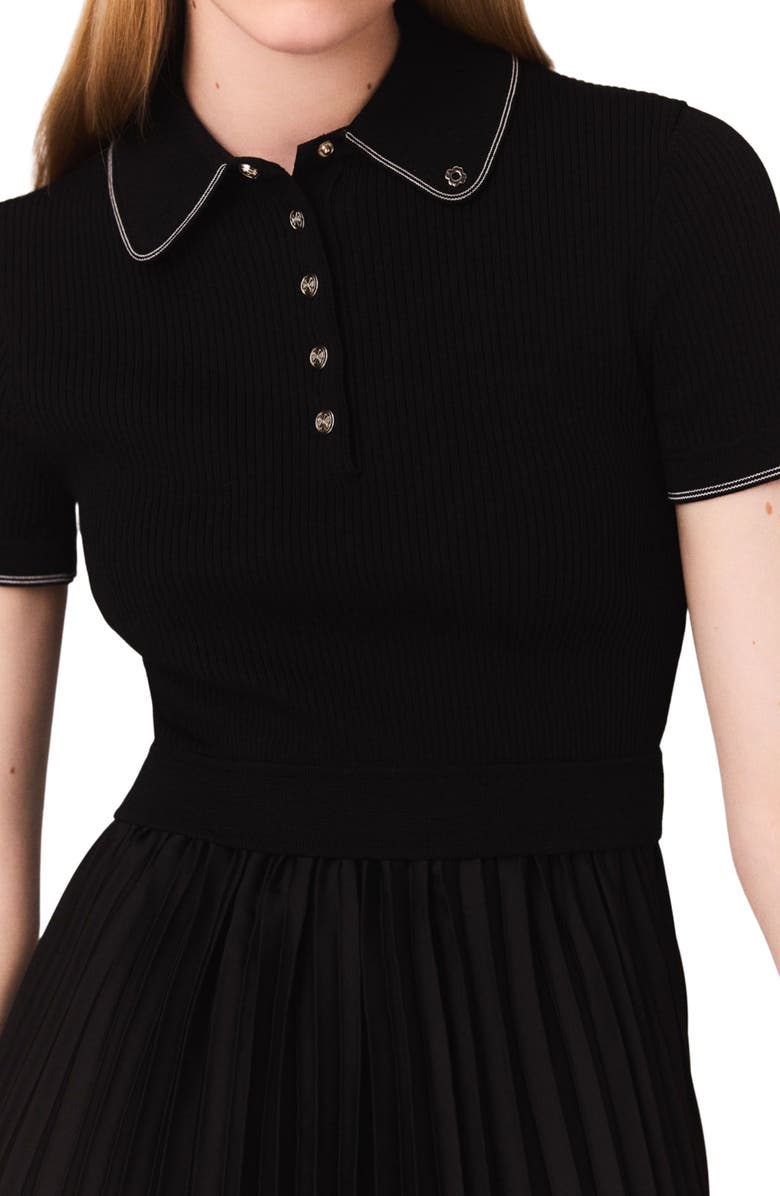 maje Pleated maxi dress with polo collar, Alternate, color, Black