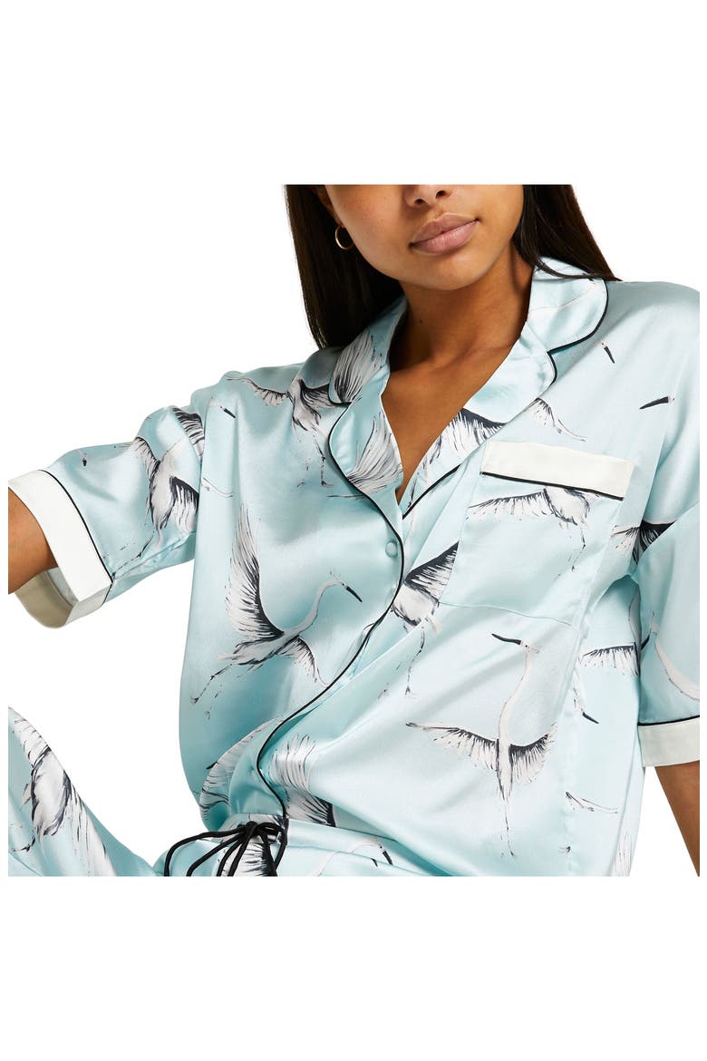 Bird Print Satin Pajama Top, Alternate, color, LIGHT BLUE