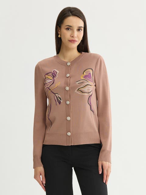 Relaxed Floral Embroidered Knit Cardigan