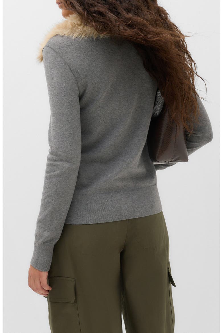 Faux Fur Collar Cardigan, Alternate, color, MEDIUM GREY MARL