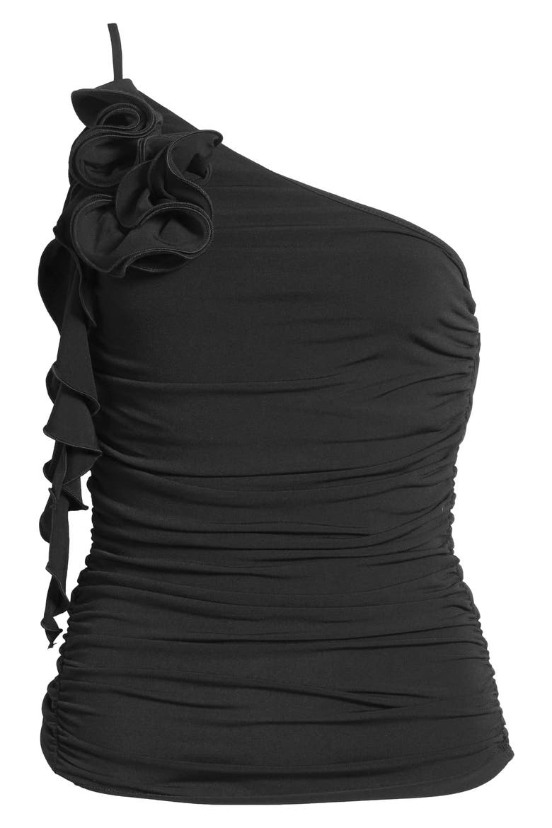 Ruched Asymmetrical One-Shoulder Top with Ruffle Trim, Alternate, color, BLACK