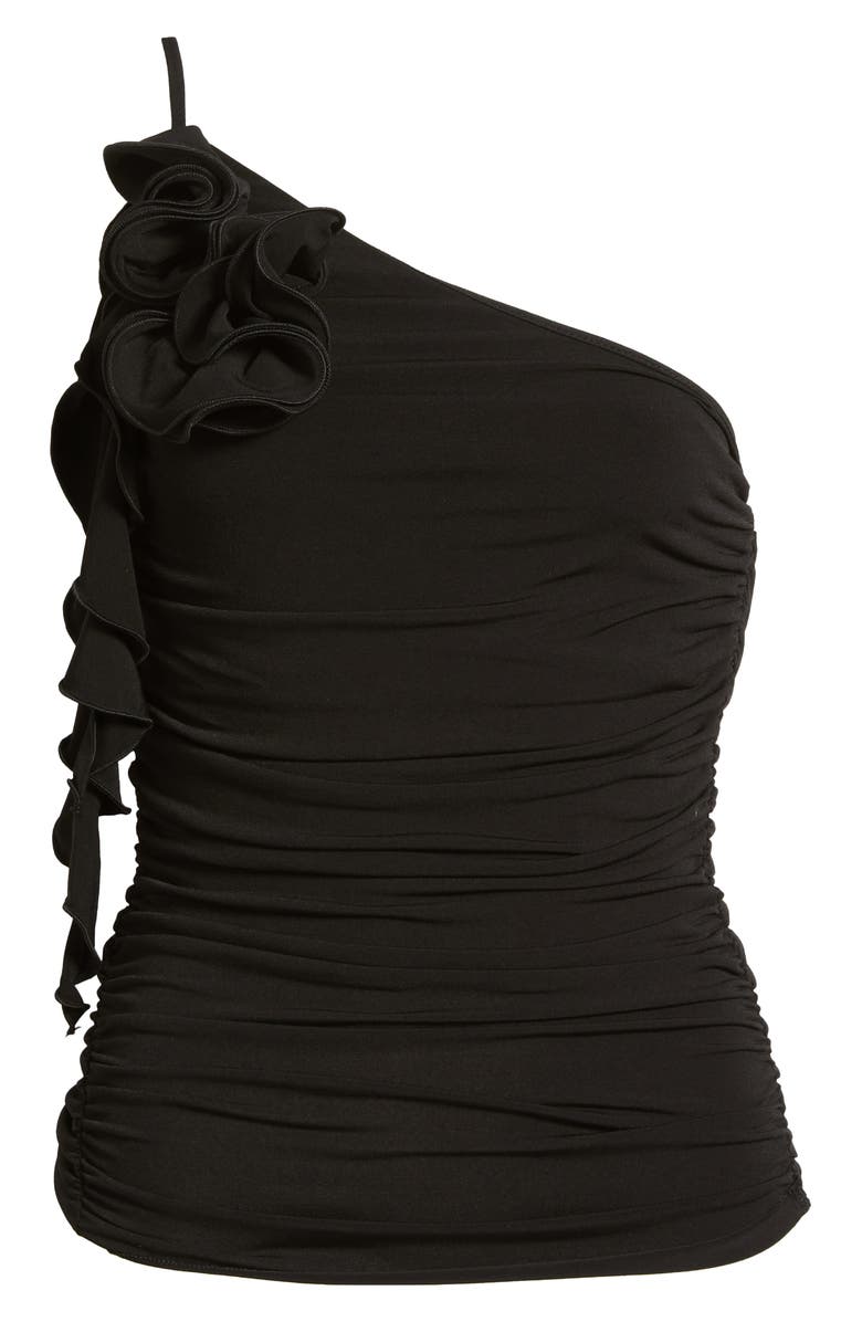 MANGO Ruched Asymmetrical One-Shoulder Top with Ruffle Trim, Main, color, Black