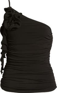 MANGO Ruched Asymmetrical One-Shoulder Top with Ruffle Trim