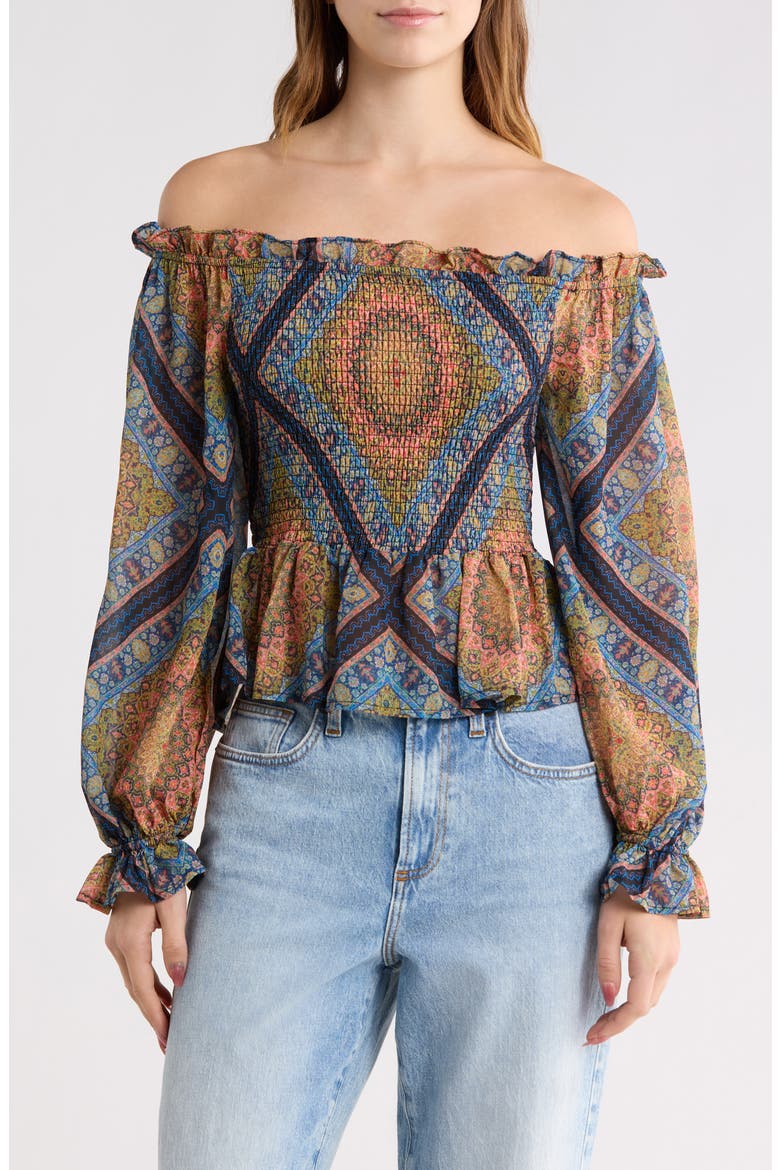 Off-the-Shoulder Print Top, Main, color, BLACK/ BLUE MULTI