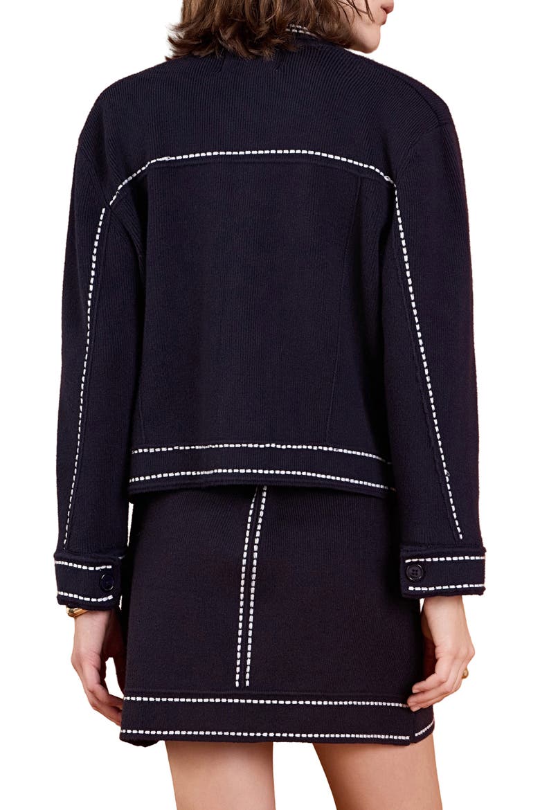 Denim Look Collared Cardigan, Alternate, color, NAVY/ WHITE