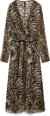 MANGO Leopard Print Pleated Long Sleeve Midi Dress