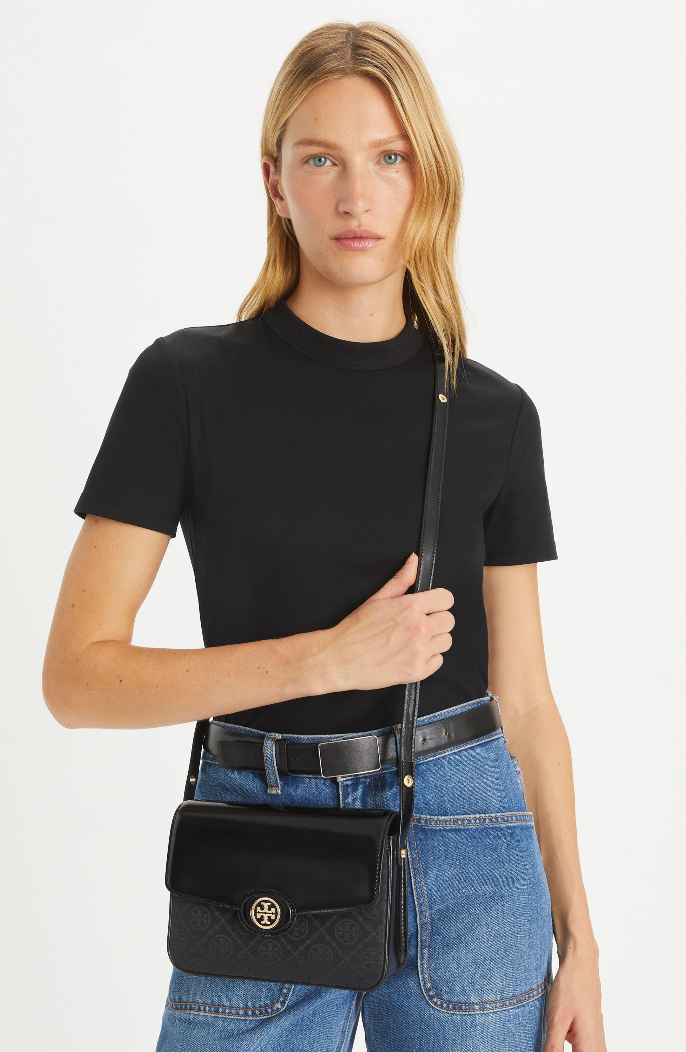 Tory Burch RobinsonT Monogram Jacquard & Leather Convertible Shoulder Bag, Alternate, color, 