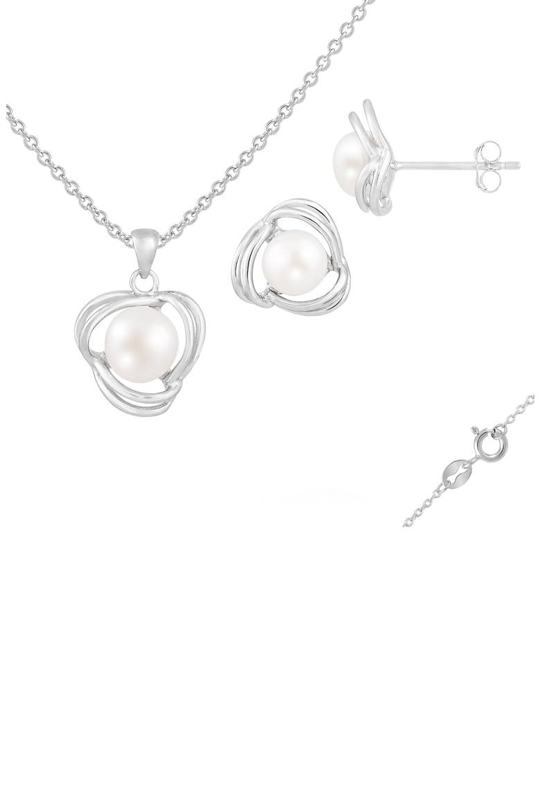 Sterling Silver & 7-8mm Cultured Freshwater Pearl Earrings & Necklace Set, Alternate, color, WHITE
