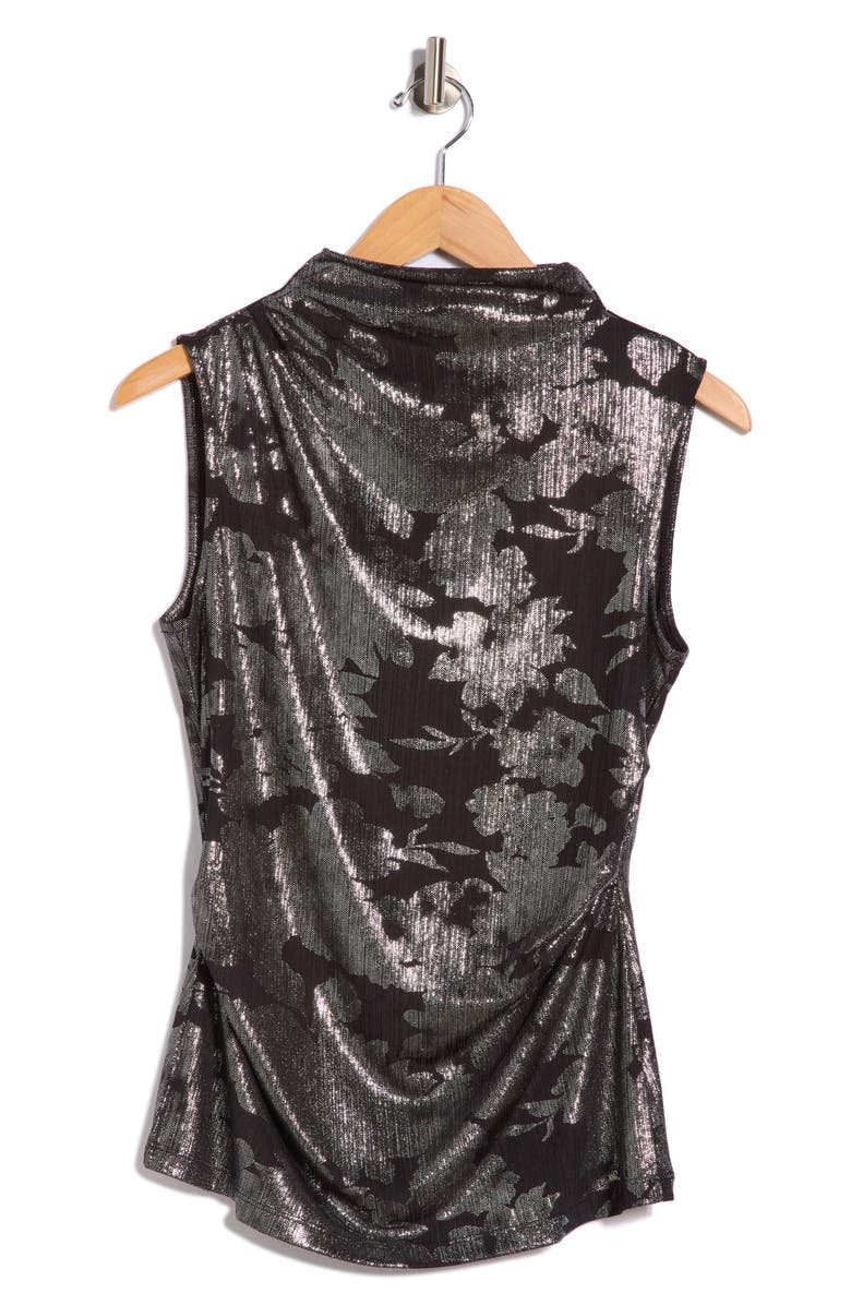 Calvin Klein Ruched Mock Neck Sleeveless Top, Alternate, color, Black/ Silver