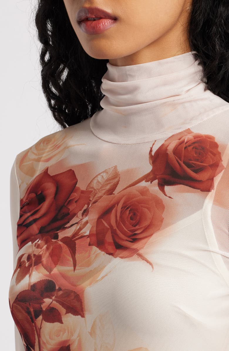 AFRM Shailene Print Long Sleeve Mesh Body-Con Midi Dress, Alternate, color, Sepia Roses