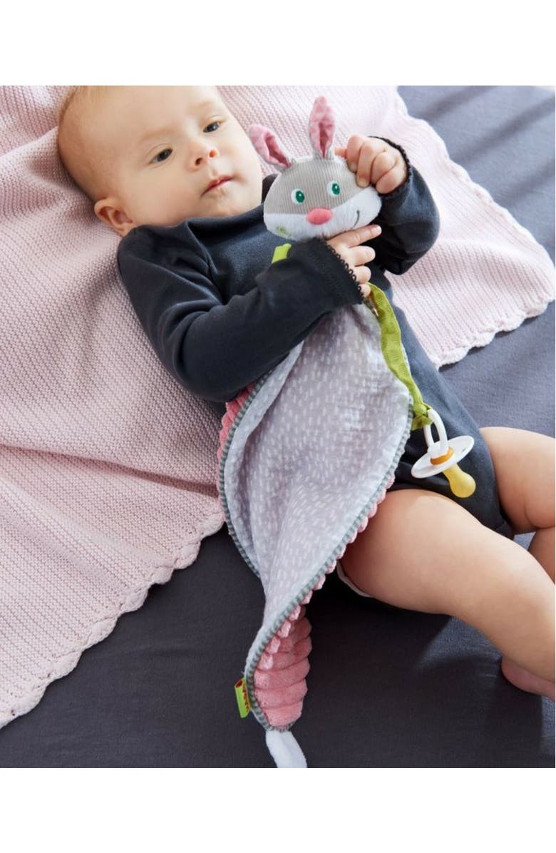HABA Bunny Hops Baby Blanket and Crinkle Toys for New Baby Gifts and First Easter Gift Ideas, Pacifier Holder Rabbit Toys, Alternate, color, Multi