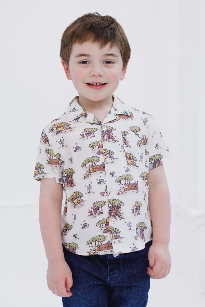 Winnie the Pooh Short Sleeve Button Down Shirt, Alternate, color, Beige