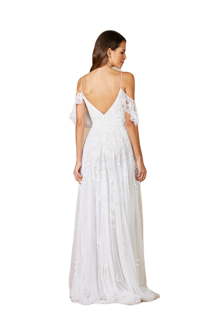 Giana Beaded Cold-Shoulder Wedding Dress, Alternate, color, Ivory