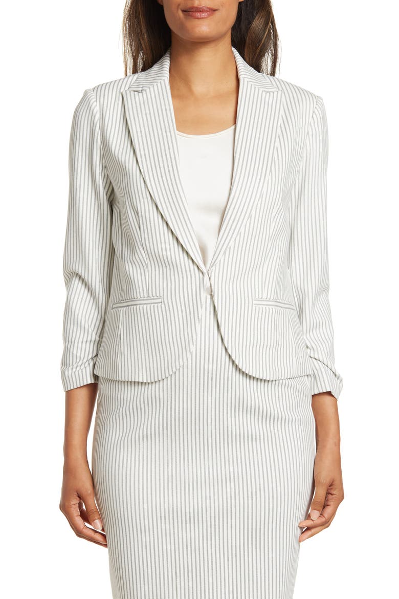 Amanda and Chelsea 3/4 Ruched Blazer, Alternate, color, GREY /WHITE