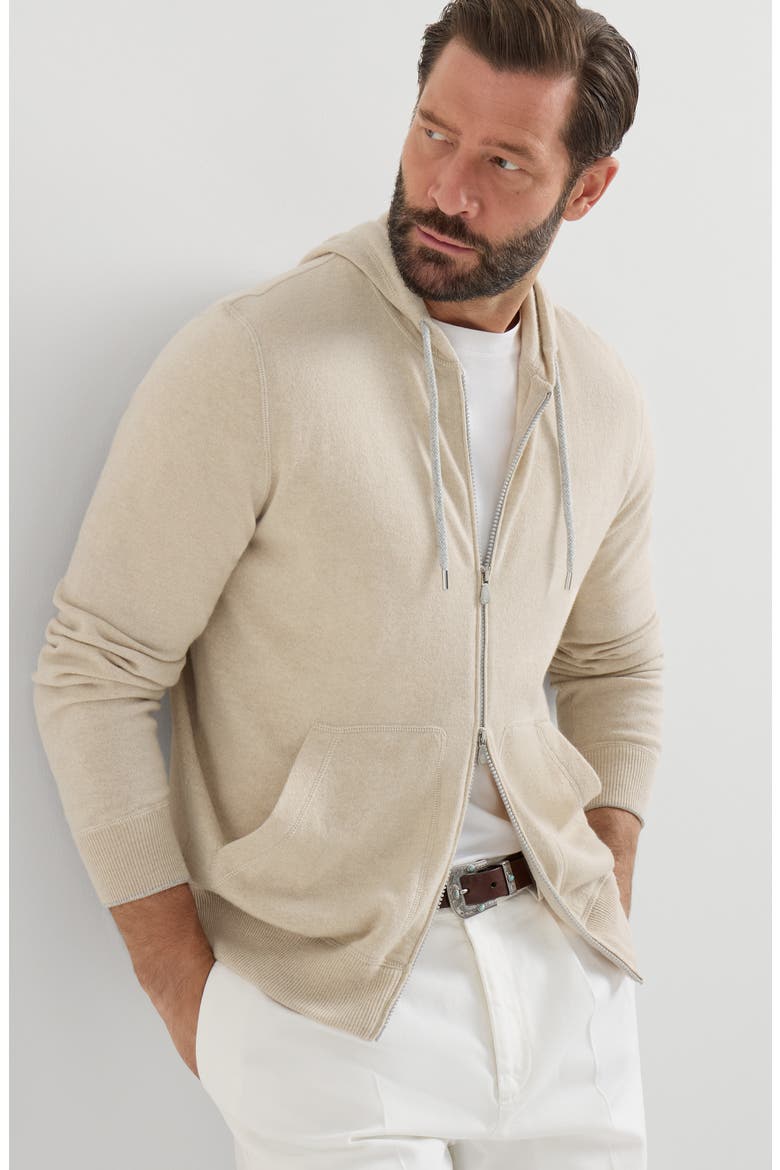 Cashmere sweatshirt-style cardigan with hood, Alternate, color, Sand