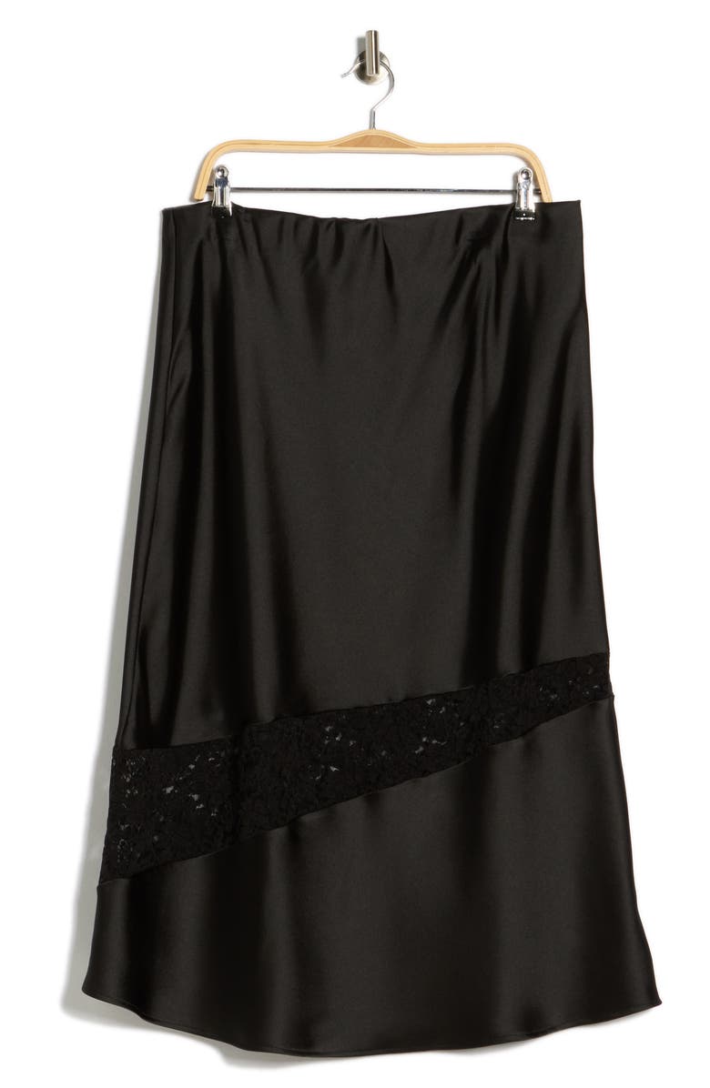 Renee C Satin & Lace Midi Skirt, Main, color, Black