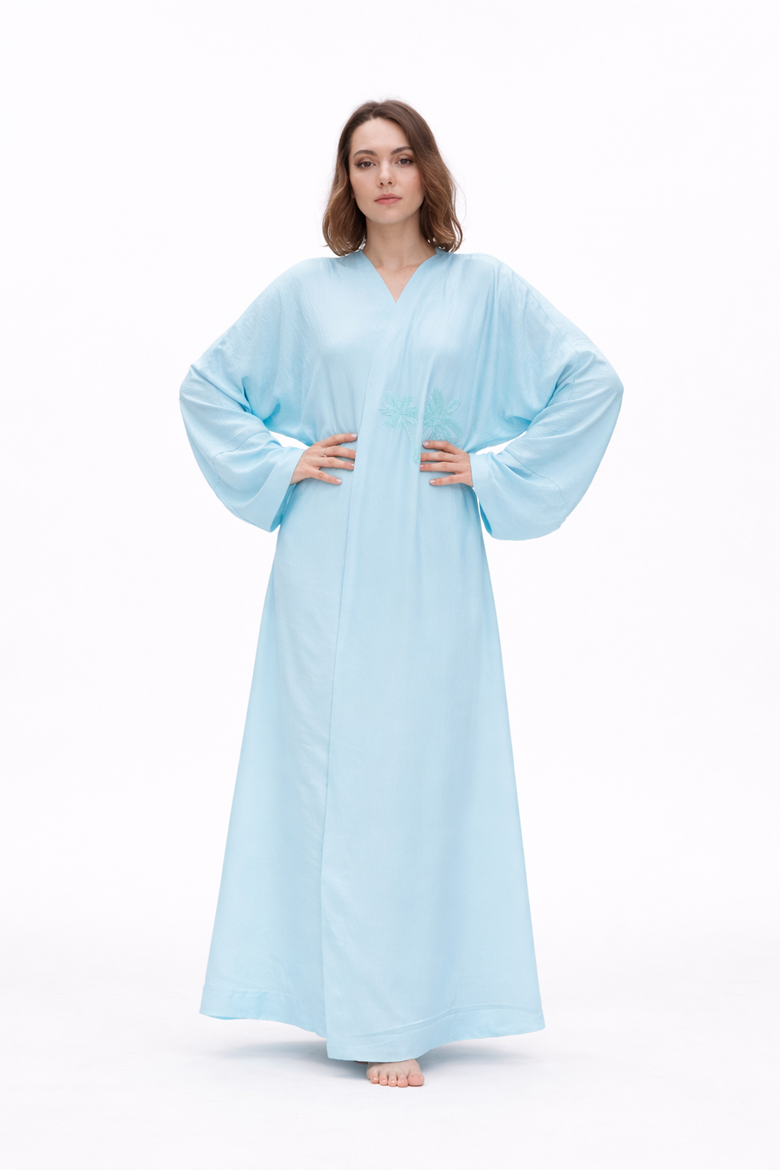 Palm Embroidered Silk Kaftan, Main, color, Tiffany Blue