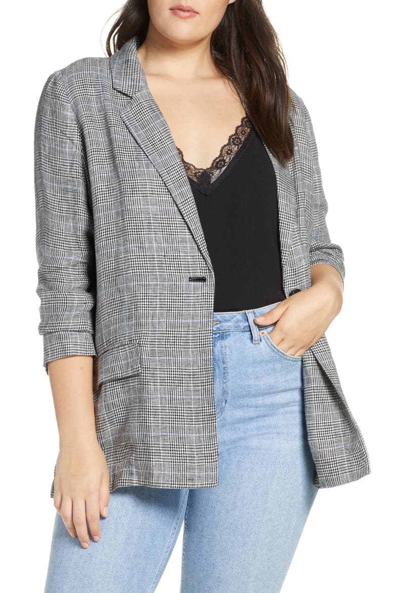 Single Button Linen Blazer, Alternate, color, BLACK- WHITE GRETCHEN PLAID
