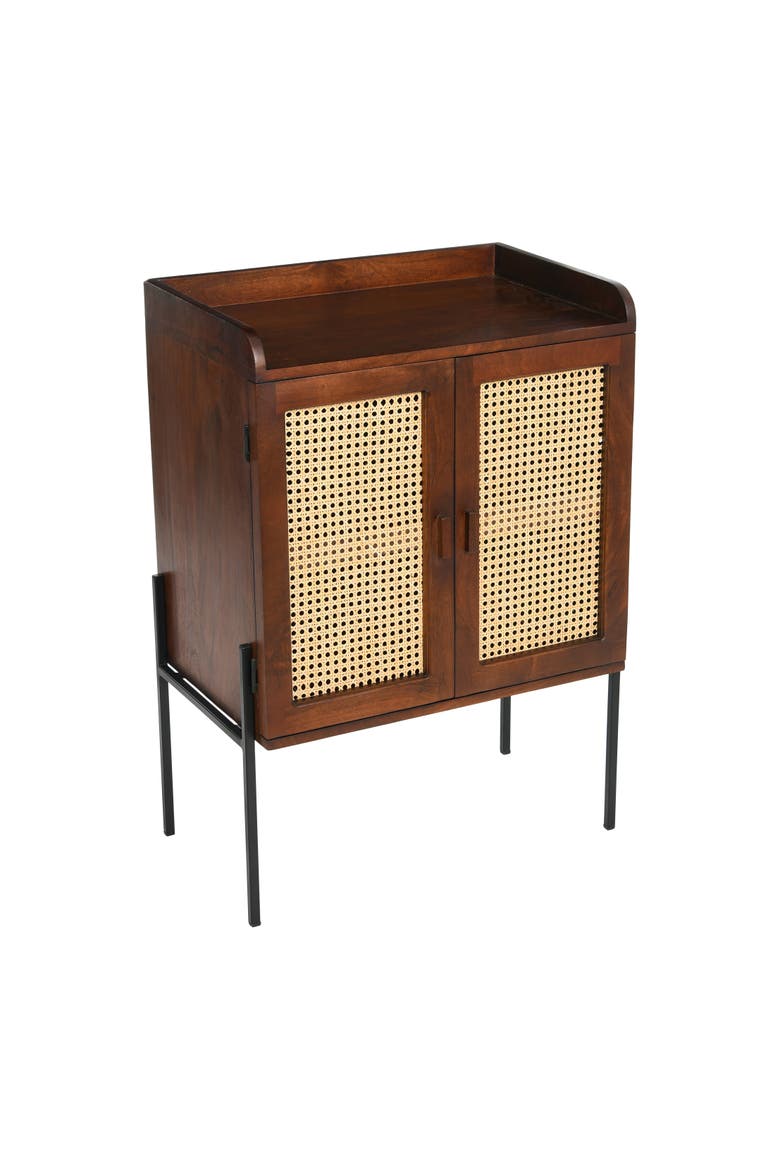 Boho Solid Wood Bar Cabinet with Metal Legs and Woven Cane Doors, Walnut and Natural, Main, color, Brown