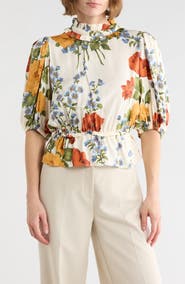 T Tahari Floral Print Ruffle Neck Peplum Crop Top