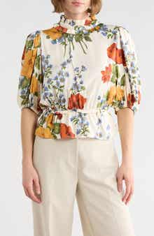 T Tahari Floral Print Ruffle Neck Peplum Crop Top