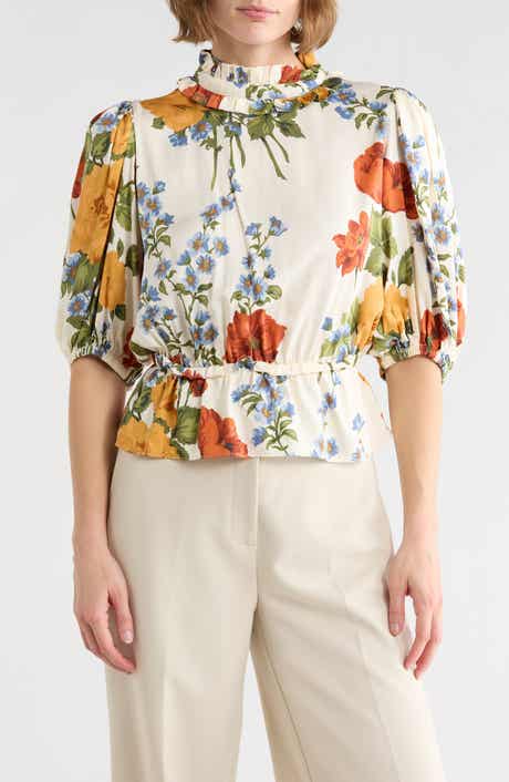 T Tahari Floral Print Ruffle Neck Peplum Crop Top