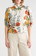 T Tahari Floral Print Ruffle Neck Peplum Crop Top